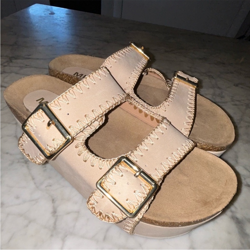 MIA Tan Sandals with Gold Buckles